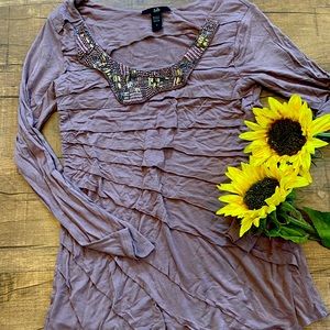 Mocha, rose gold jeweled neckline tunic
